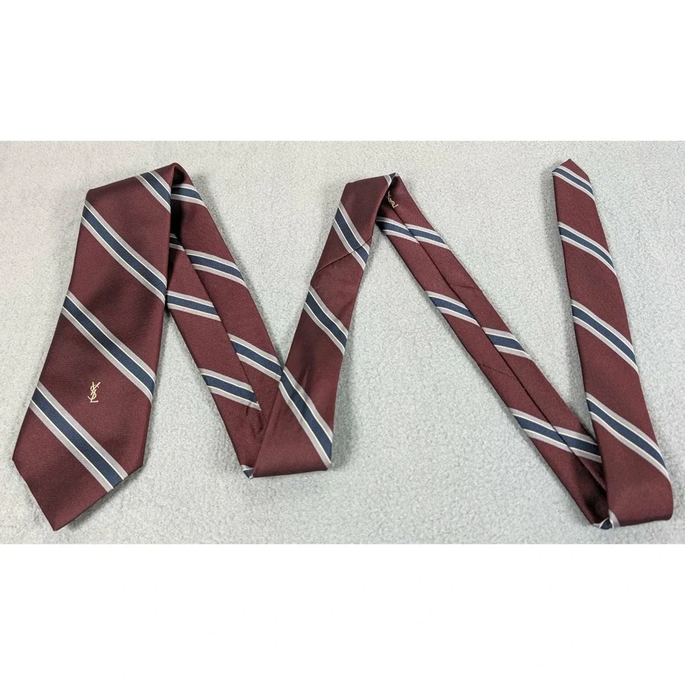 YVES SAINT LAURENT Necktie Mens Red Striped YSL Dress Logo Tie Men's Designer